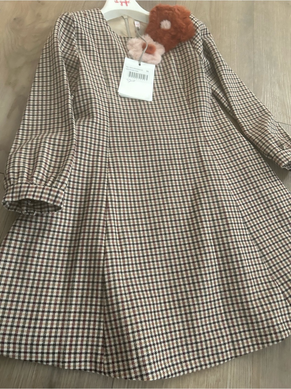 Il Gufo Beige and Brown Checkered Long Sleeve Girls Dress